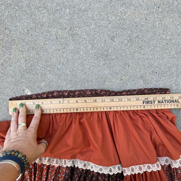Vintage 70s 80s Orange Brown Calico Floral Ruffle Lace Circle Square Dance Skirt - Picture 8 of 8